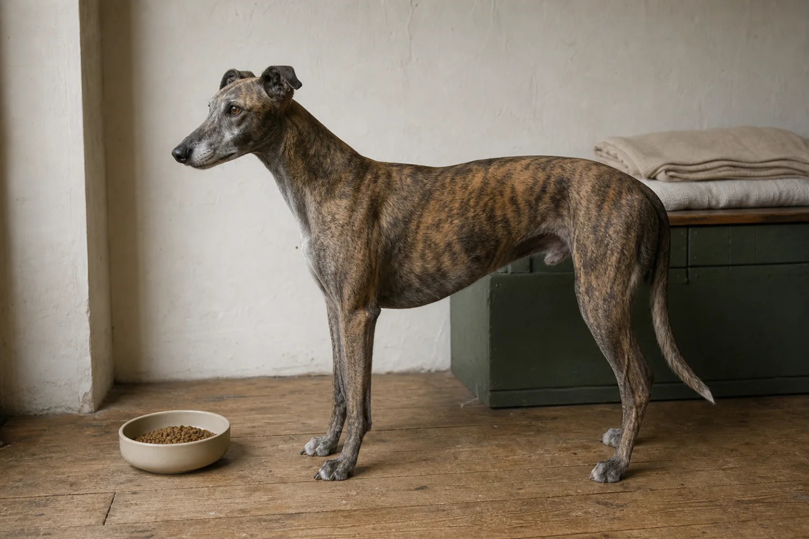 A greyhound waiting calmly beside a full food bowl