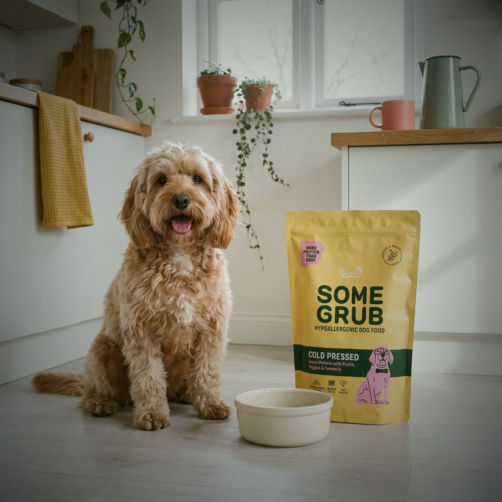 A cockapoo sitting proudly beside a bowl licked clean, with a Some Grub bag behind it