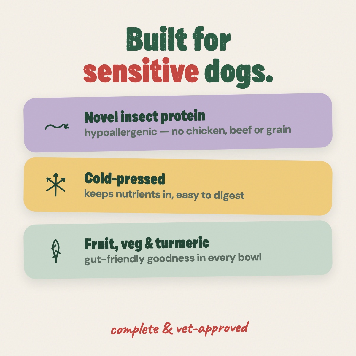 Insect protein, cold-pressed food and natural prebiotic ingredients in a complete adult recipe