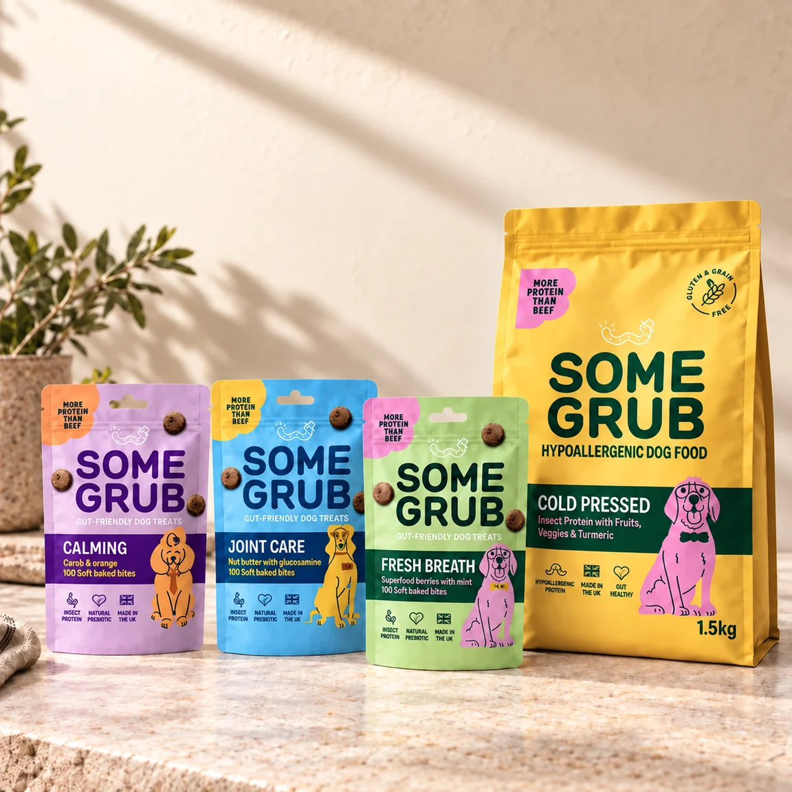 One Some Grub food bag with the three insect-protein treat pouches
